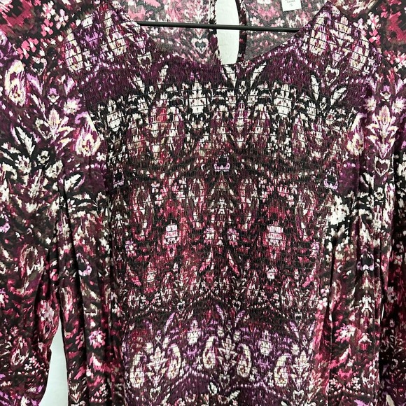 J. Jill Smocked Ikat Round Neck Tunic Blouse Top Purple Pink Small Boho Abstract - Picture 4 of 9